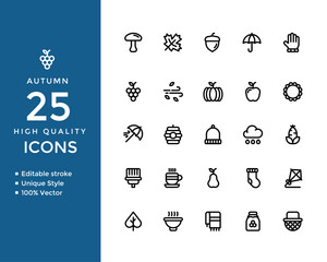 Autumn Season Line Icons Set – Editable Stroke Fall Symbols Including Pumpkin, Leaves, Acorn, Wind, Food, Hat, Rain, Apple, and More – Minimal Outline Vector Collection © Uzair
