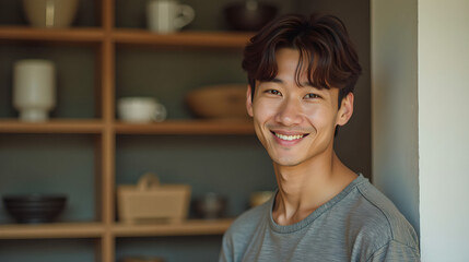 Smiling young man in grey shirt with wavy hair in warm-toned kitchen
