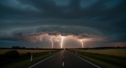 Highway Stretches Towards A Horizon Illuminated By Lightning Strikes Under A Dark Stormy Sky