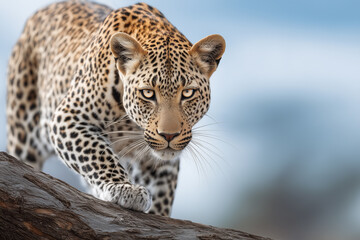 Obraz premium Powerful leopard crouched on a tree branch with intense gaze and muscular form, highlighted by dramatic lighting and a soft forest backdrop. 