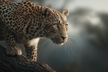 Obraz premium Powerful leopard crouched on a tree branch with intense gaze and muscular form, highlighted by dramatic lighting and a soft forest backdrop. 