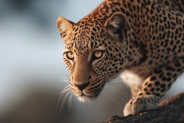 Obraz premium Powerful leopard crouched on a tree branch with intense gaze and muscular form, highlighted by dramatic lighting and a soft forest backdrop. 