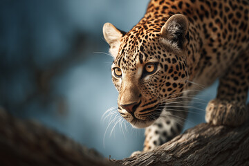 Fototapeta premium Powerful leopard crouched on a tree branch with intense gaze and muscular form, highlighted by dramatic lighting and a soft forest backdrop. 