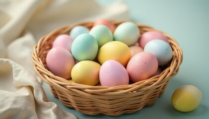 Fototapeta premium Pastel-colored Easter eggs in a basket, showcasing a variety of spring colors , vibrant, orange