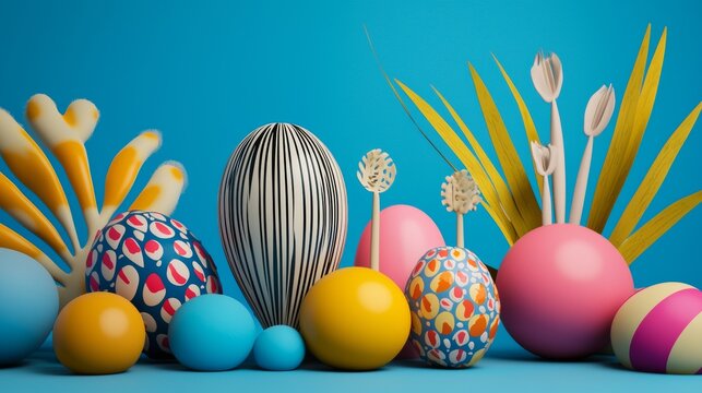 Colorful modern decorative eggs in pastel scene with spring flowers geometric minimal festive styling