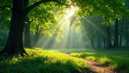 Serene forest park scene, sunlight dappling through leaves , green, scenic, natural