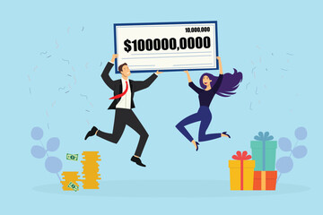 Happy winners holding bank check flat vector illustration. Man and woman winning jackpot for millions dollars. Lottery gain, money prize and grant concept