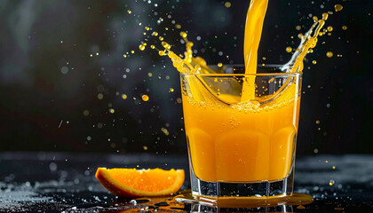 Generated image orange juice pouring into glass with splash on table with dark background hyper