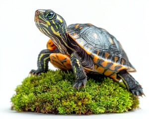 Fototapeta premium Colorful turtle resting on lush green moss, showcasing vibrant patterns and textures