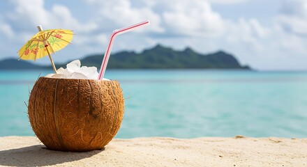 A refreshing coconut drink filled with ice, adorned with colorful straws and a tiny umbrella, sits on a sunny white sand beach.