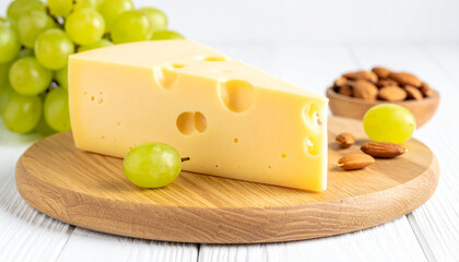 Generated image Pieces of cheese on wooden board with almonds and green grape on white wooden