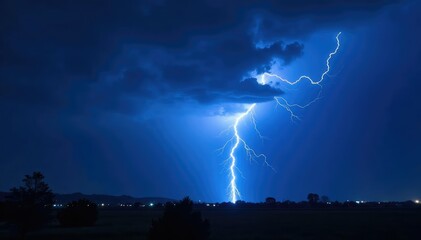 Vibrant blue lightning strike against a dark night sky , impact, fierce, strike
