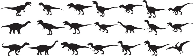 Silhouette illustrations of various dinosaur species arranged in rows on a white background image