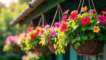Fototapeta premium Vibrant hanging baskets overflowing with colorful flowers and lush greenery , container gardening, plants