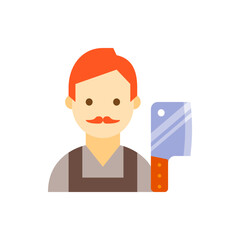 Illustration of a butcher with red hair and mustache holding a meat cleaver in a flat design style