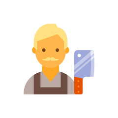 Illustration of a butcher with blonde hair and a mustache holding a cleaver in a flat design style