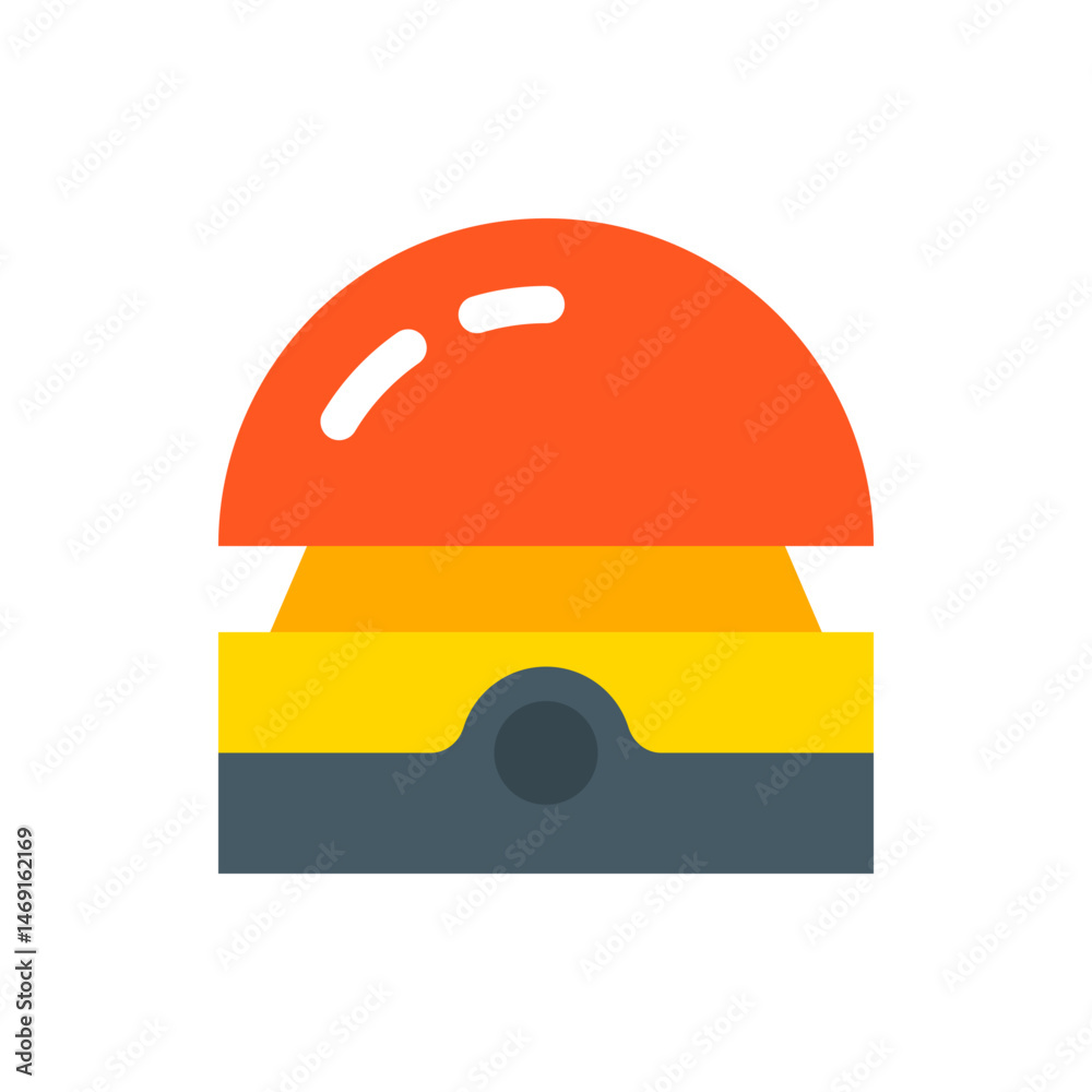 Poster illustration of a colorful layered object with a rounded top and a dark gray base section design ele