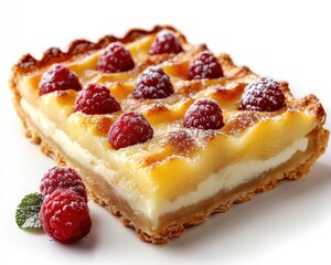 Delicious raspberry tart with creamy filling, garnished with fresh berries
