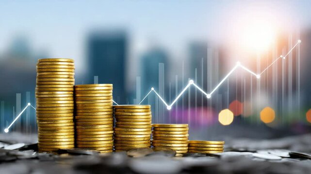 Stacks of coins on a financial background depicting growth and investment potential.