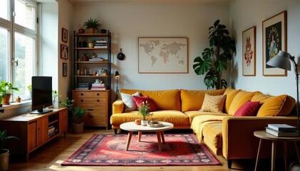 A cluttered but cozy bachelor pad, showcasing a relaxed and lived-in aesthetic , bachelor's apartment, design