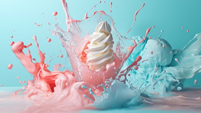 Ice cream swirl with paint splash pink blue dynamic dessert fantasy motion frozen sweet treat