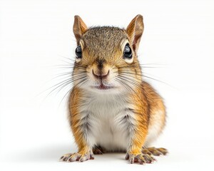 Close-up of a curious squirrel with bright eyes and detailed fur on a white background