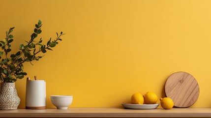 Lemon still life with yellow wall and natural shadow balance kitchen decor simplicity citrus fruit