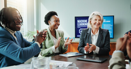 Woman, presentation and applause for meeting with workshop, speech and employee engagement. Data...