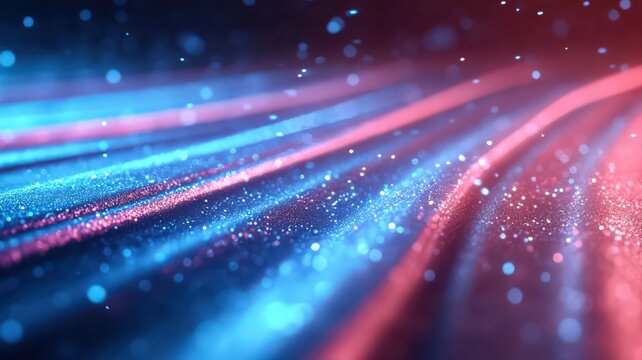 Abstract Red And Blue Glowing Particle Waves On Dark Background