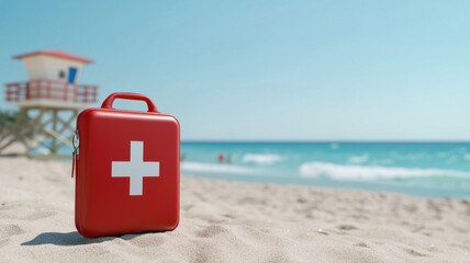Beach Safety: Red First Aid Kit on Sand by the Ocean and Lifeguard Tower beach sand ocean safety sea