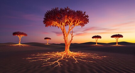 Trees with Glowing Roots in Desert at Sunset Surreal Landscape