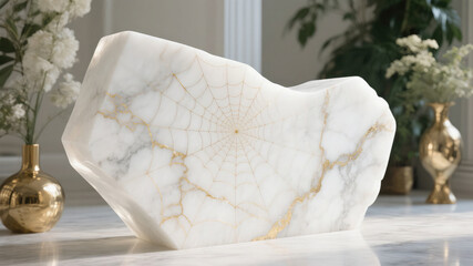 Artistic marble sculpture featuring a gold spiderweb design and subtle veining pattern