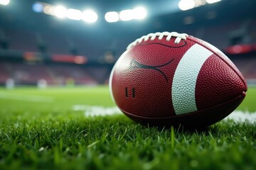 Fototapeta premium Close-up of an american football, laces in focus, game day ready , spiral pattern, sports, game day