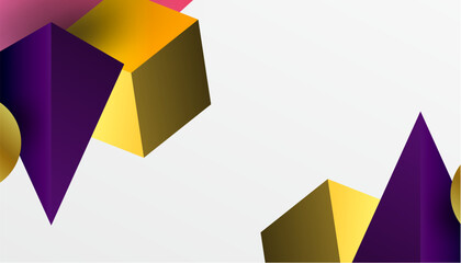 Fototapeta premium Abstract geometric shapes, purple, gold, yellow. Minimalist design, clean lines, modern aesthetic. Bright colors contrast white background.