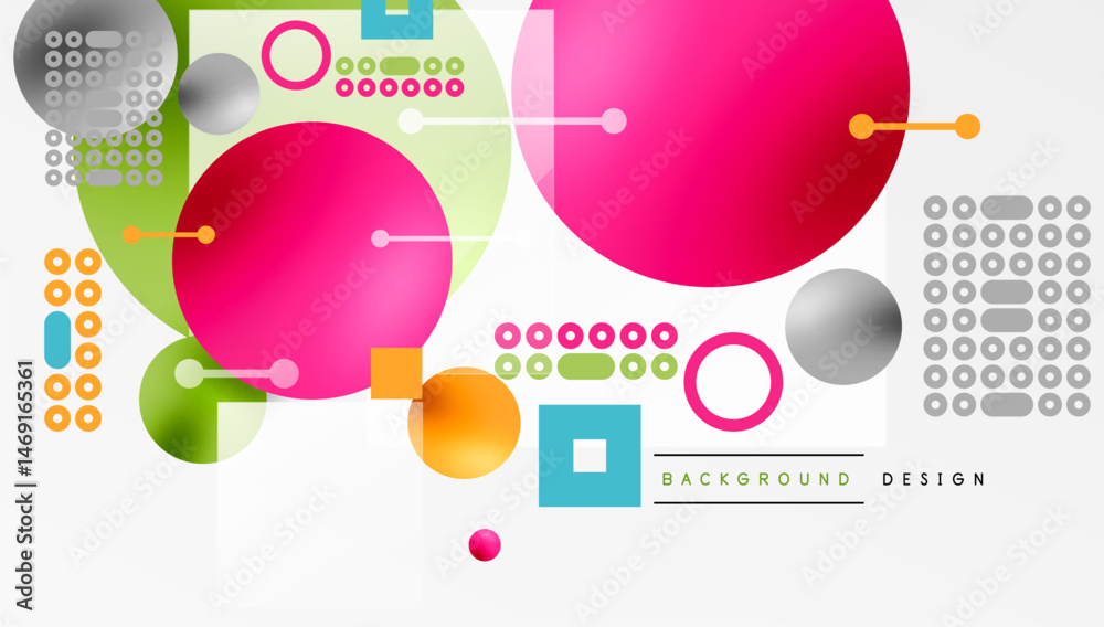 Poster abstract vector design. bright colors, circles, squares, lines create modern composition. minimalist