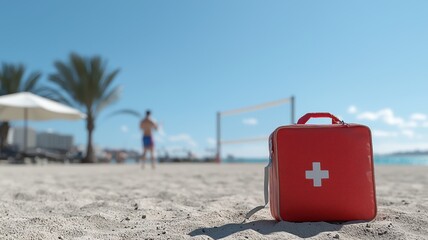 First Aid Kit for Beach Safety and Summer Vacation Wellness on Sunny Sand beach summer safety sand