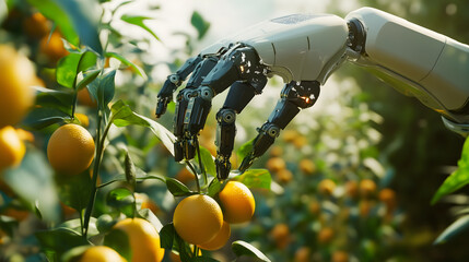 A robotic arm carefully harvests ripe oranges in a sunny greenhouse, representing advanced agricultural automation and fruit-picking technology.