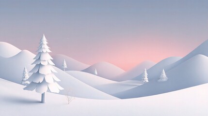 Serene Abstract Winter Scene with White Christmas Tree and Snow
