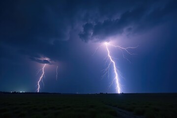 Dramatic lightning storm over dark landscape at night Intense bolts illuminate the clouds and ground , color, forbidding