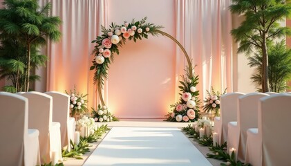 Elegant wedding ceremony setup with floral arrangements and modern decor , leaves, patterns, ceremony