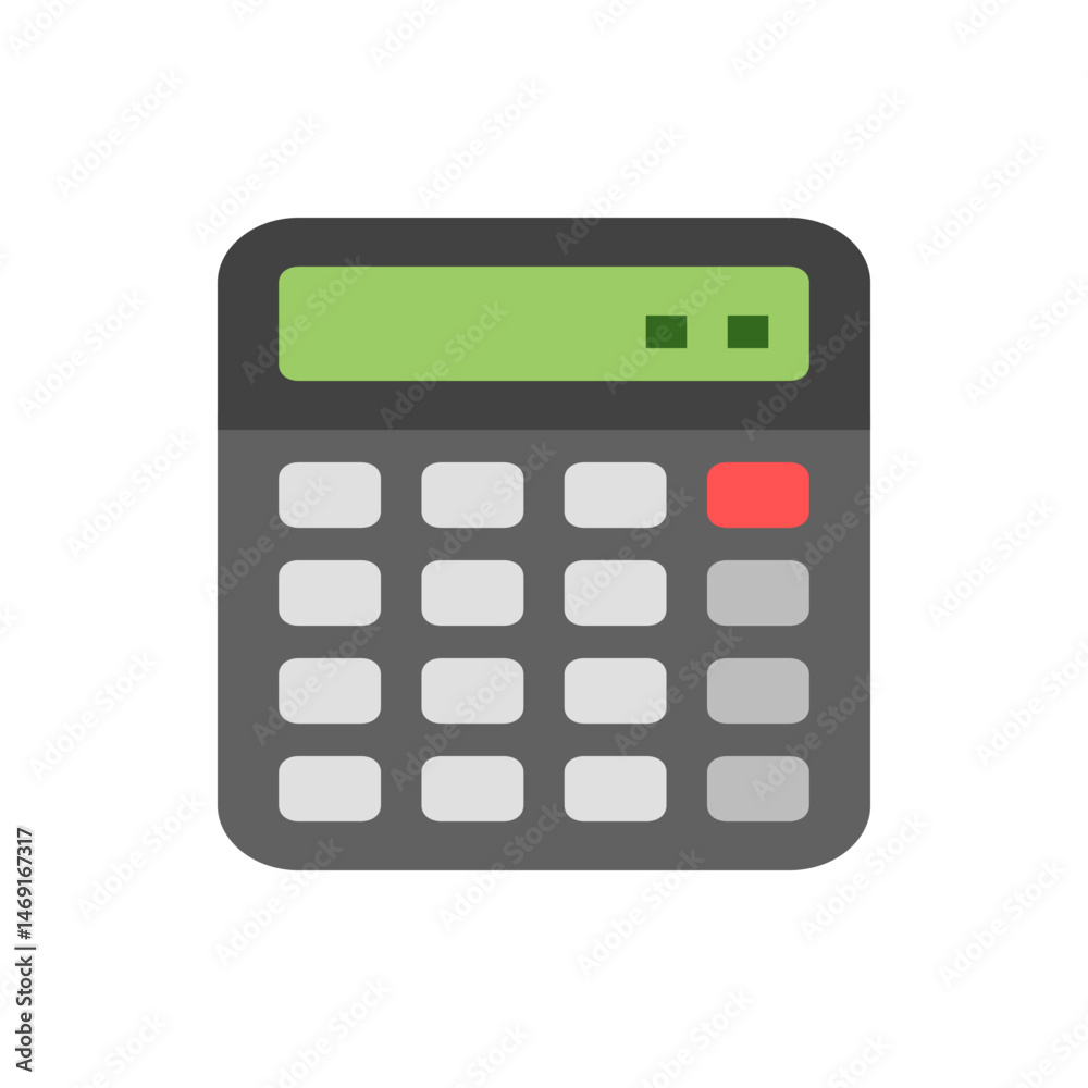 Poster illustration of a gray calculator with a green display and rounded buttons in a square format design