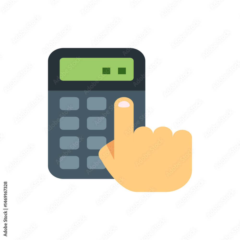Poster a hand pressing a button on a calculator with a green display and gray buttons for calculations