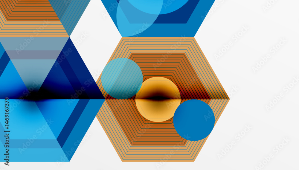 Poster abstract geometric composition. hexagons, circles, lines create dynamic visual effect. blue, gold hu