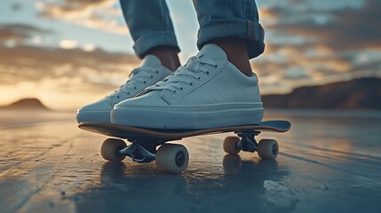 Skateboarder enjoying sunset vibes with stylish white sneakers on beach