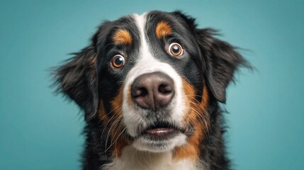 Surprised Bernese Mountain Dog with Big Eyes on Vibrant Background