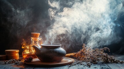 Spices and herbs steaming in dark rustic setting aromatic ingredients traditional cooking healthy flavor