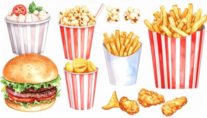 Watercolor fast food feast, a vibrant and colorful illustration of delicious treats