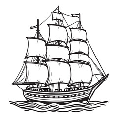 Elegant Old Sailing Ship Yacht Line Drawing Vector Art