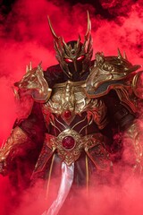 Dark fantasy warrior in golden armor with glowing eyes and red smoke background.