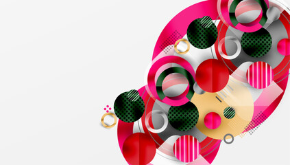 Abstract composition featuring overlapping circles, stripes, dots. Pink, red, black, beige colors dominate design. Modern, dynamic visual.